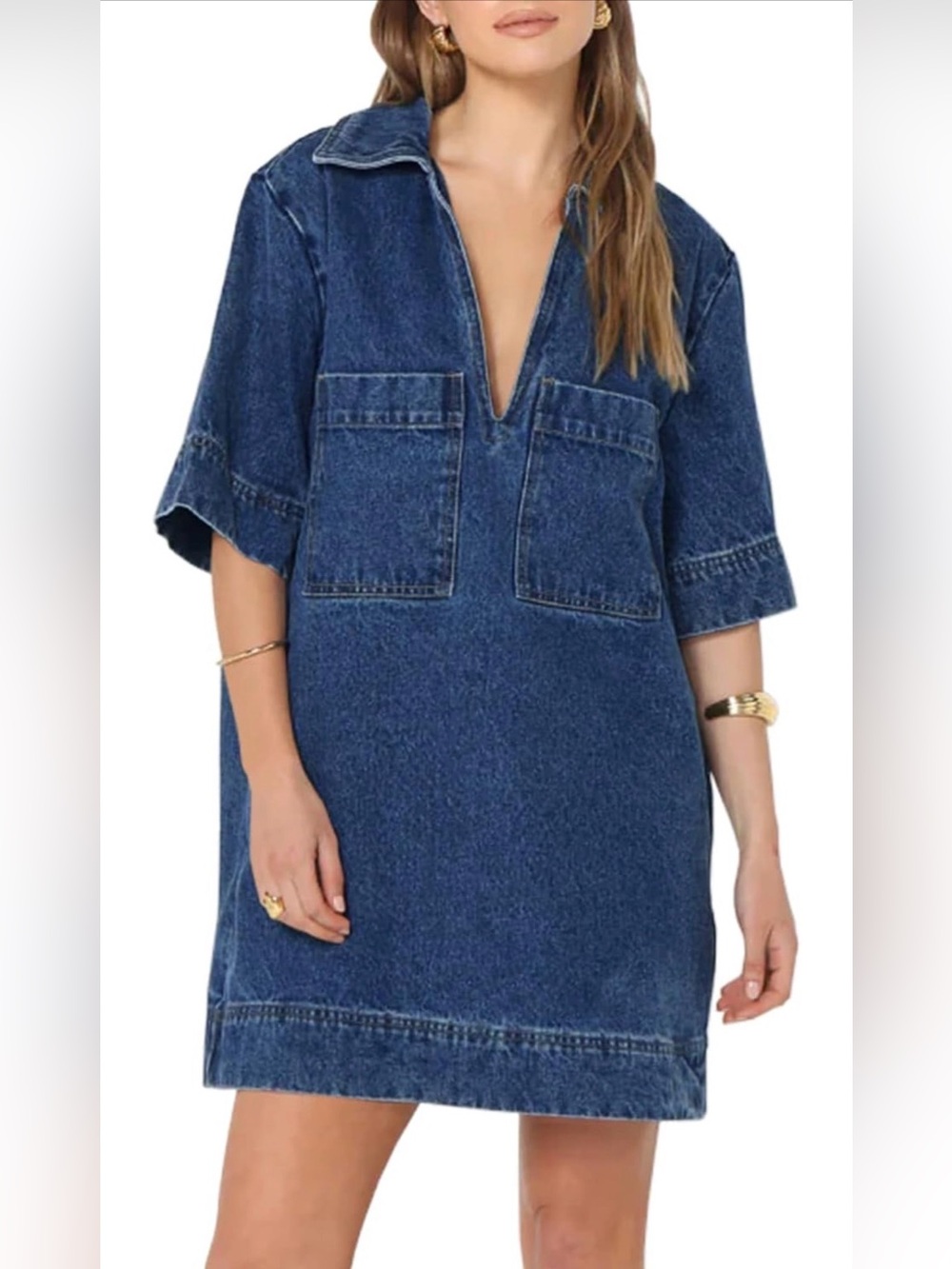 Casual Dark Blue Denim V-Neck Dress